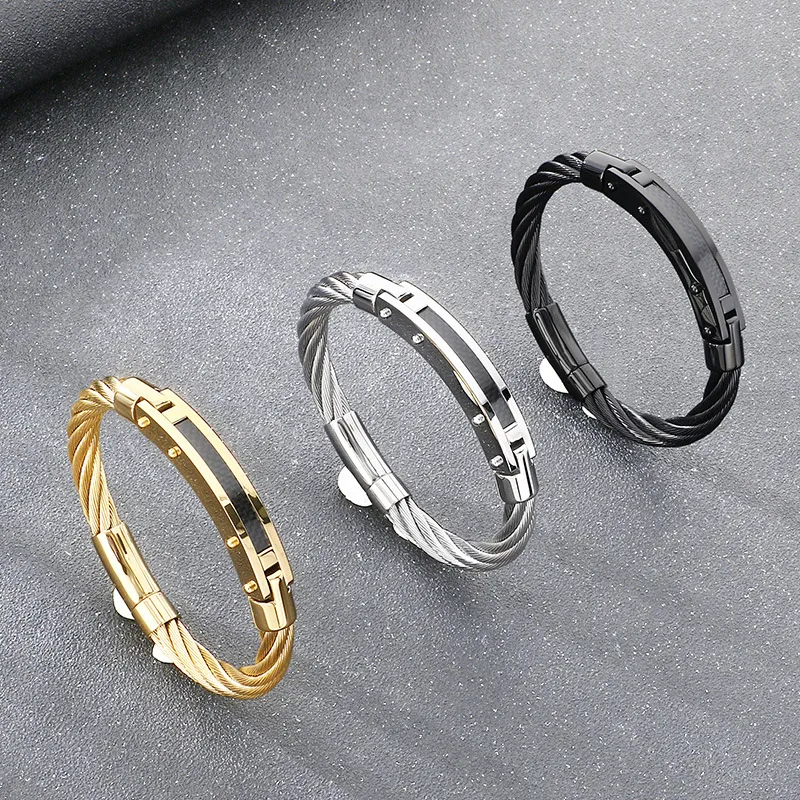 Punk Retro Style Stainless Steel Wire Cable Bent Plate Domineering Men's Bangle
