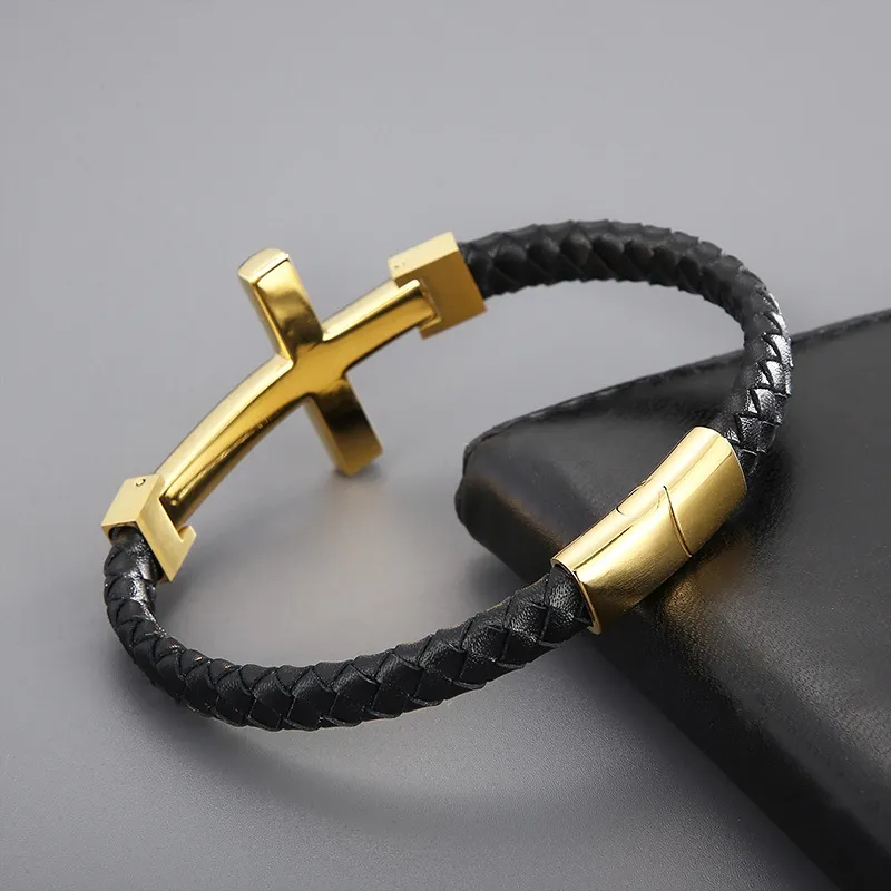 Trendy Stainless Steel Cross Woven Single Circle Cowhide Rope Leather Bracelet Wholesale Accessories
