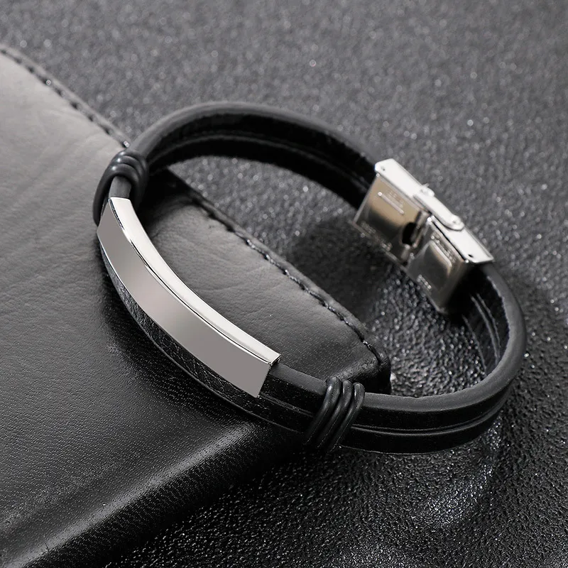Stainless Steel Geometric Curved Plate Engraved Men's Woven Double-Layer Leather Bracelet Jewelry Wholesale