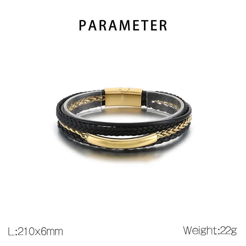 Men's Geometric Personalized Stainless Steel Magnet Buckle Multi Layer Braided Leather Bracelet Jewelry Wholesale