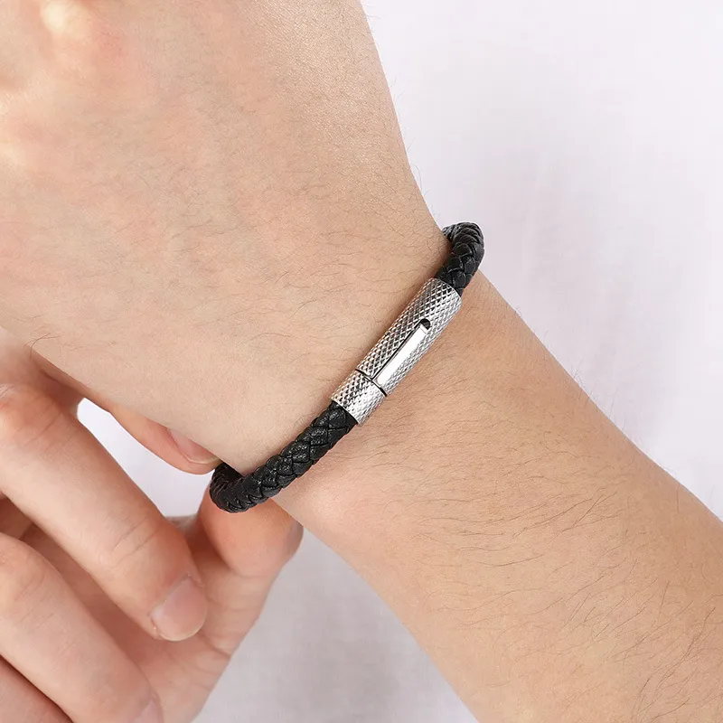 Fashionable Men's Stainless Steel Mesh Buckle Super Fiber Leather Rope Woven Bracelet Jewelry