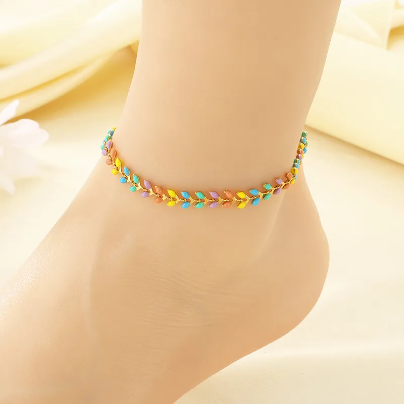 Bohemian Summer Accessories Bead Enamel Wheat Butterfly Stainless Steel Anklets for Women