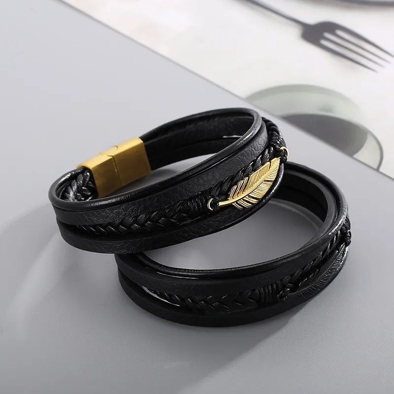 Fashionable Stainless Steel Feather Multi-Layer Woven Leather Men's Bracelet Jewelry