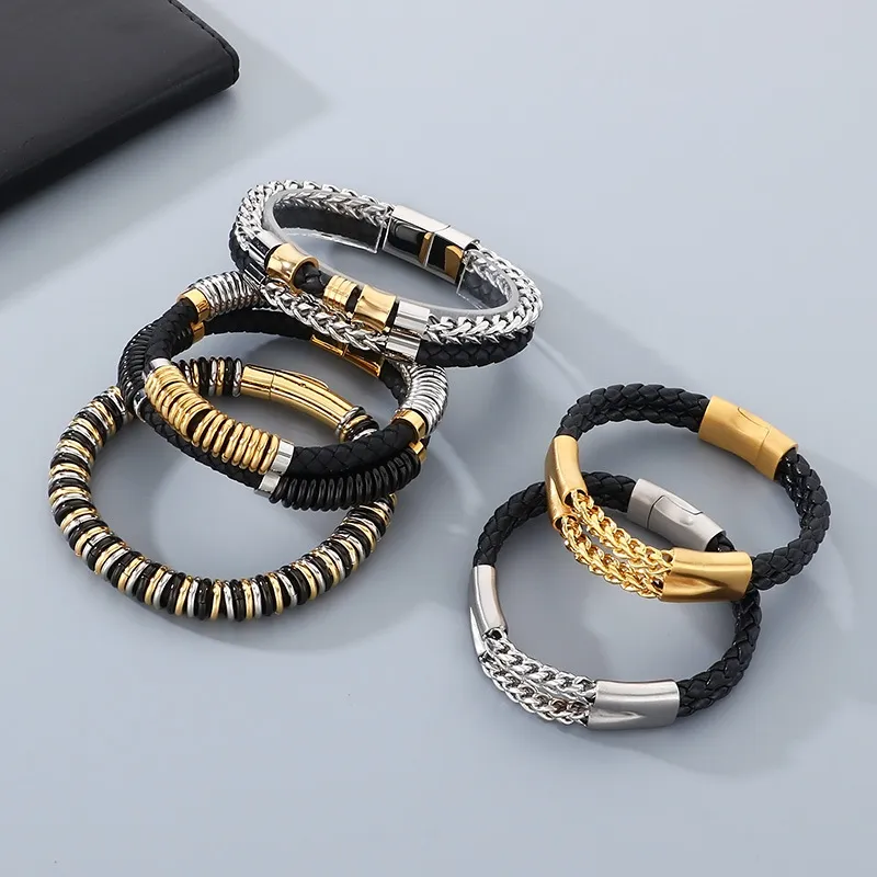 Trendy Stainless Steel Geometric Woven Multi-Layer Personalized Leather Bracelet