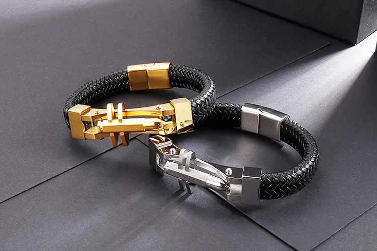 European and American Fashion Stainless Steel Creative Personalized Bullet Head Men's Leather Bracelet
