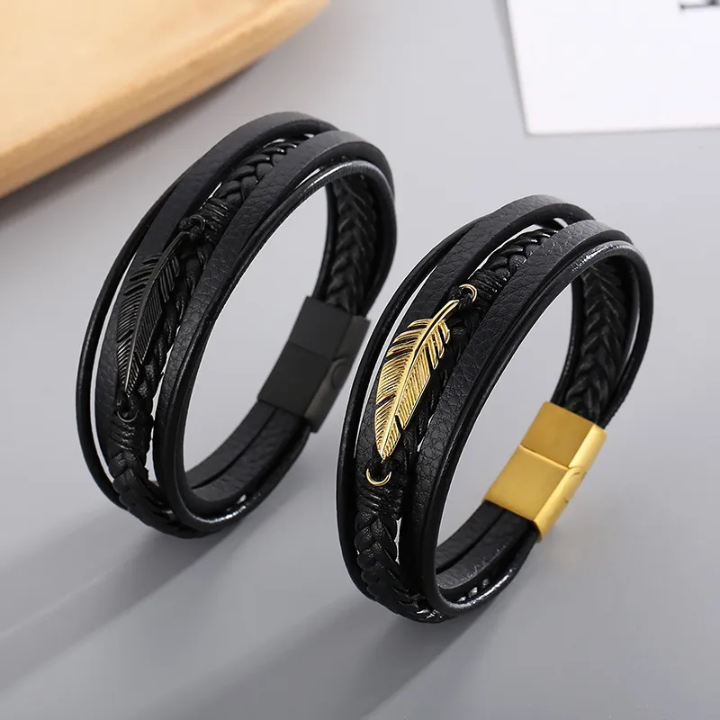 Fashionable Stainless Steel Feather Multi-Layer Woven Leather Men's Bracelet Jewelry