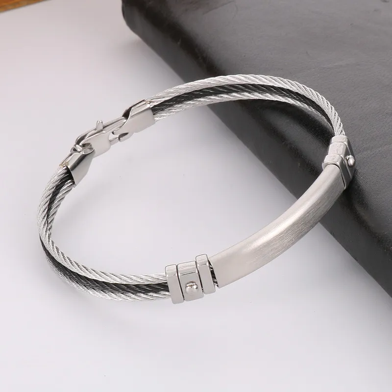 Stainless Steel Braided Three Row Steel Wire Rope Bangle with Curved Plate That Can Be Engraved with Letters