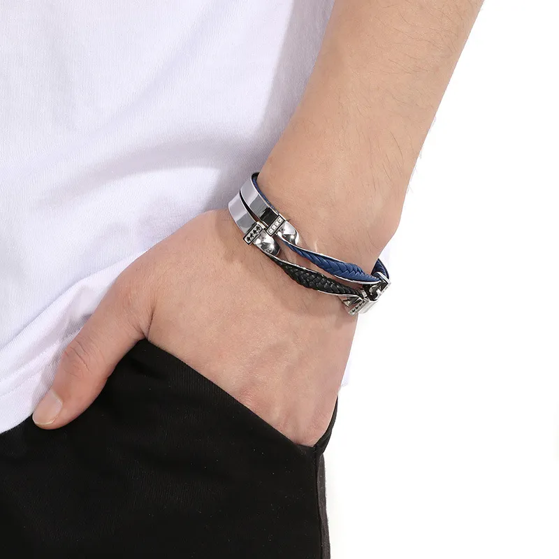 Fashion Stainless Steel Twisted Pattern Diamond Inlaid C-Shaped Open Woven Leather Bracelet Men's Jewelry