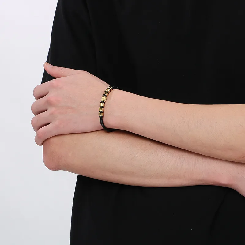 Trendy Men's Stainless Steel Unique Woven Geometric Mesh Leather Bracelet
