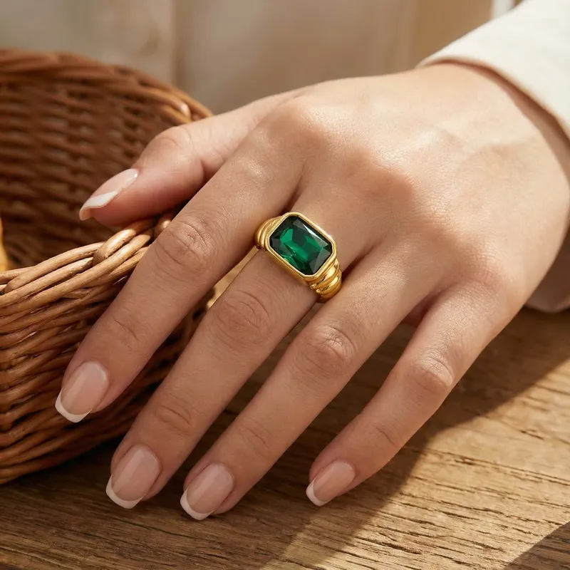 Personalized Twisted Cable Pattern Ring Multi-Color Rectangular Glass Inlaid Stainless Steel Ring Wholesale