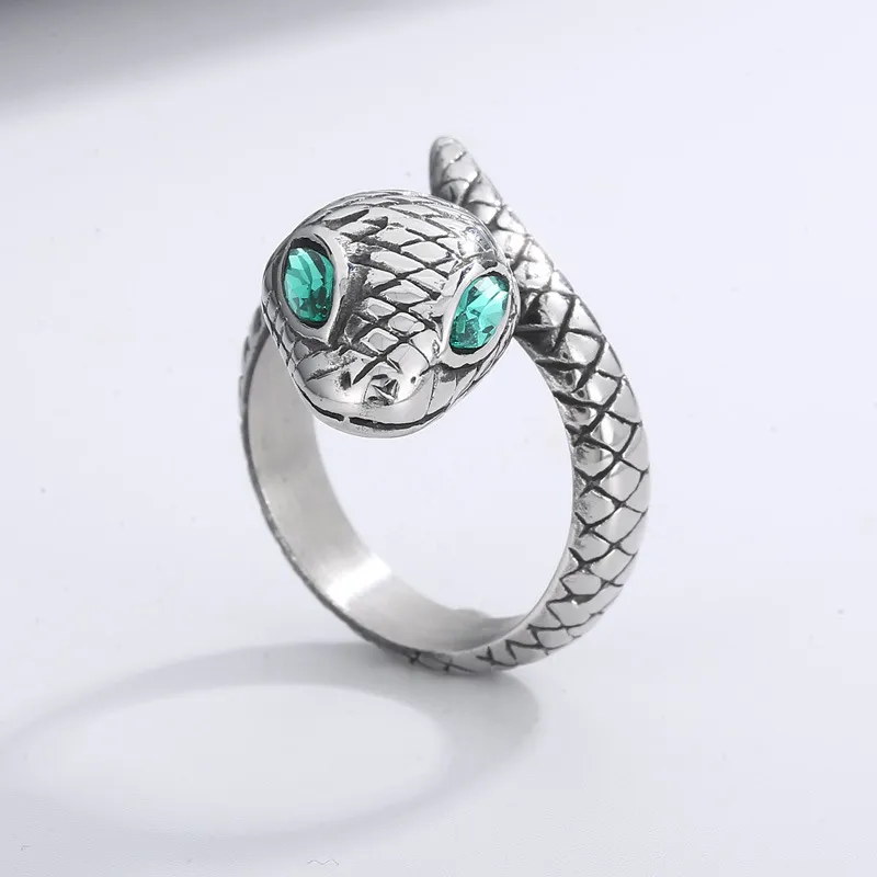 Kalen Stainless Steel Jewelry Set, Vintage Green-Inlaid Cobra Ring and Double-Headed Snake Open Bracelet Men's Set