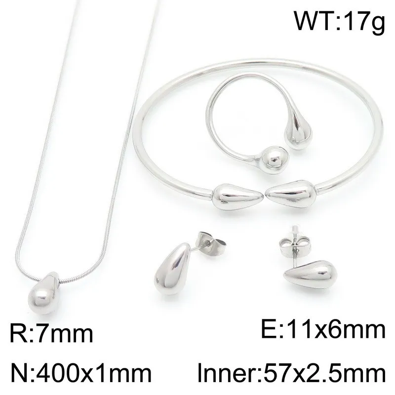 Trendy and Fashionable Stainless Steel Chubby Droplet Shaped Ring Bracelet Earring Necklace Four Piece Set