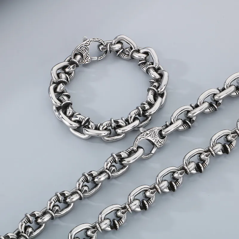 European and American Style, Domineering Personality, Nail Necklace, Punk Retro Design, Square Rivet, Stainless Steel Men's Bracelet Set