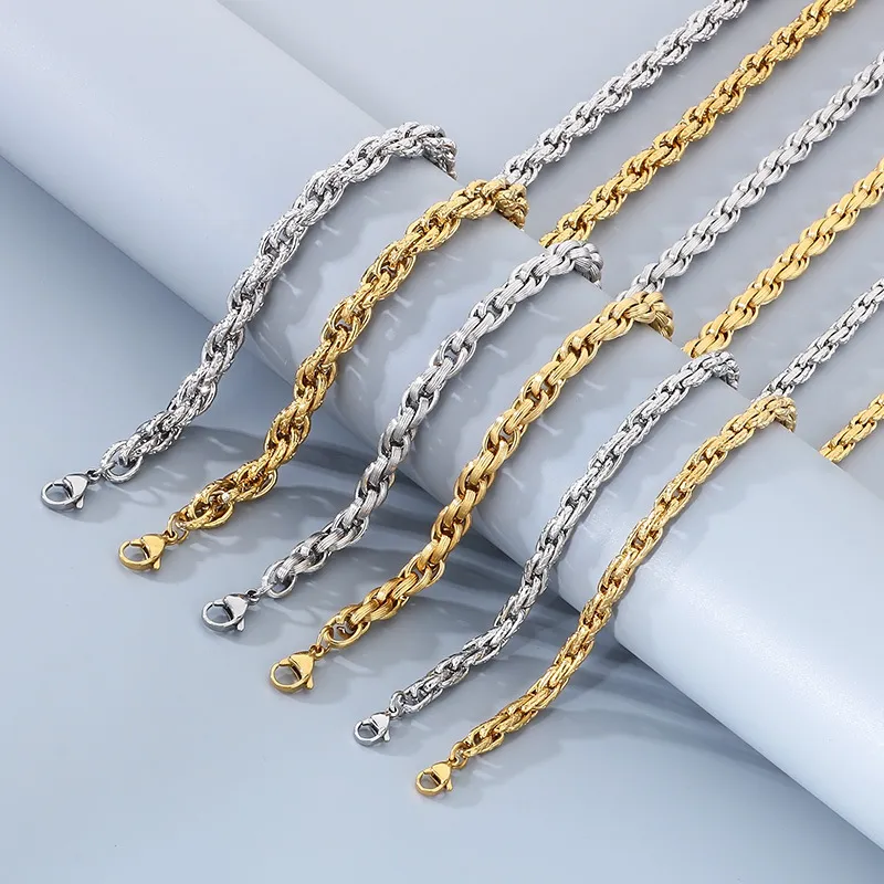 Fashionable Electroplated 18 Gold Personalized Jewelry Wholesale Stainless Steel Embossed Twisted Chain Set