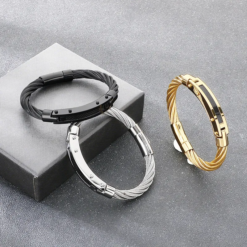 Punk Retro Style Stainless Steel Wire Cable Bent Plate Domineering Men's Bangle