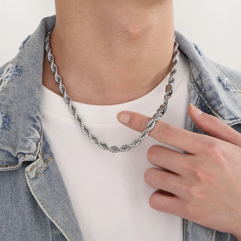 Simple Style Stainless Steel Multi Size Necklace Fried Dough Twists Rope Chain Lovers Necklace