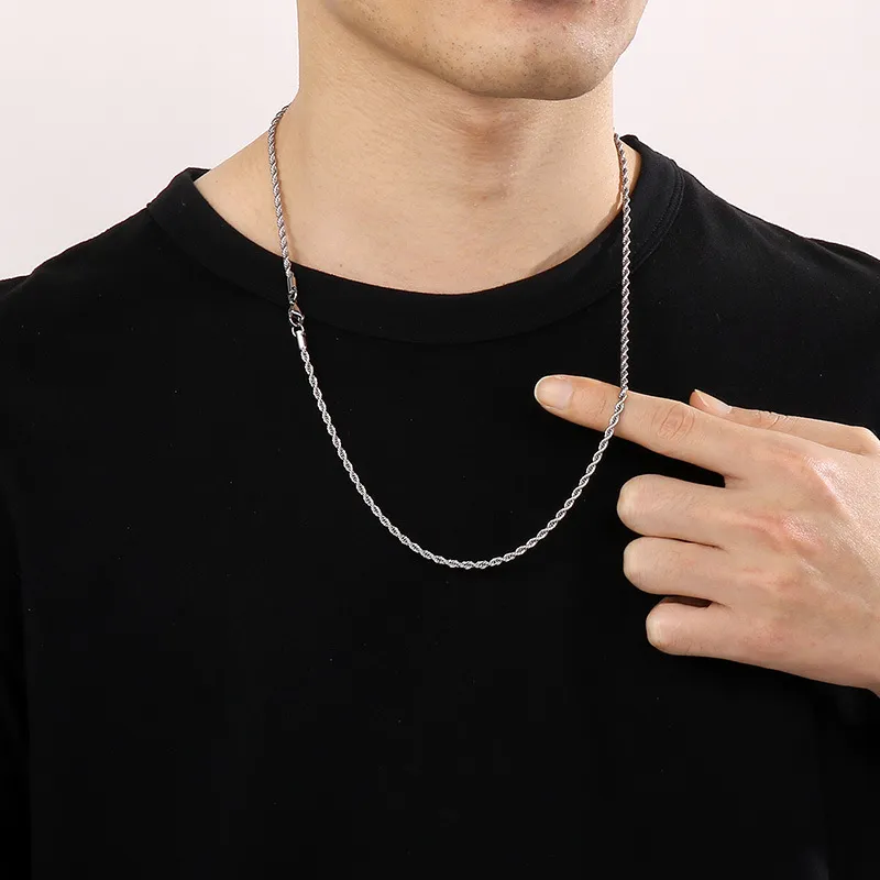Cross-Border Sweater Chain Accessories, Hip-Hop Vacuum Plated 3mm Fried Dough Twists Chain, Regular Chain, Stainless Steel Necklace for Men and Women