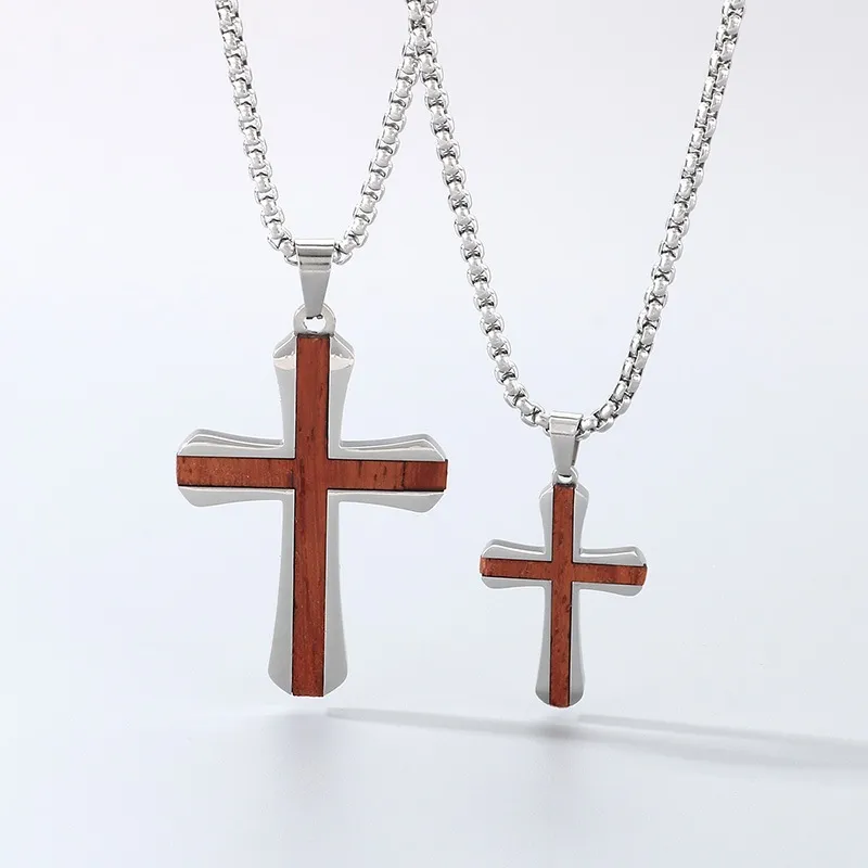 Simple Two-Tone Couple Necklace, Stylish and Unique Stainless Steel Inlaid with Rosewood Cross Men's Pendant