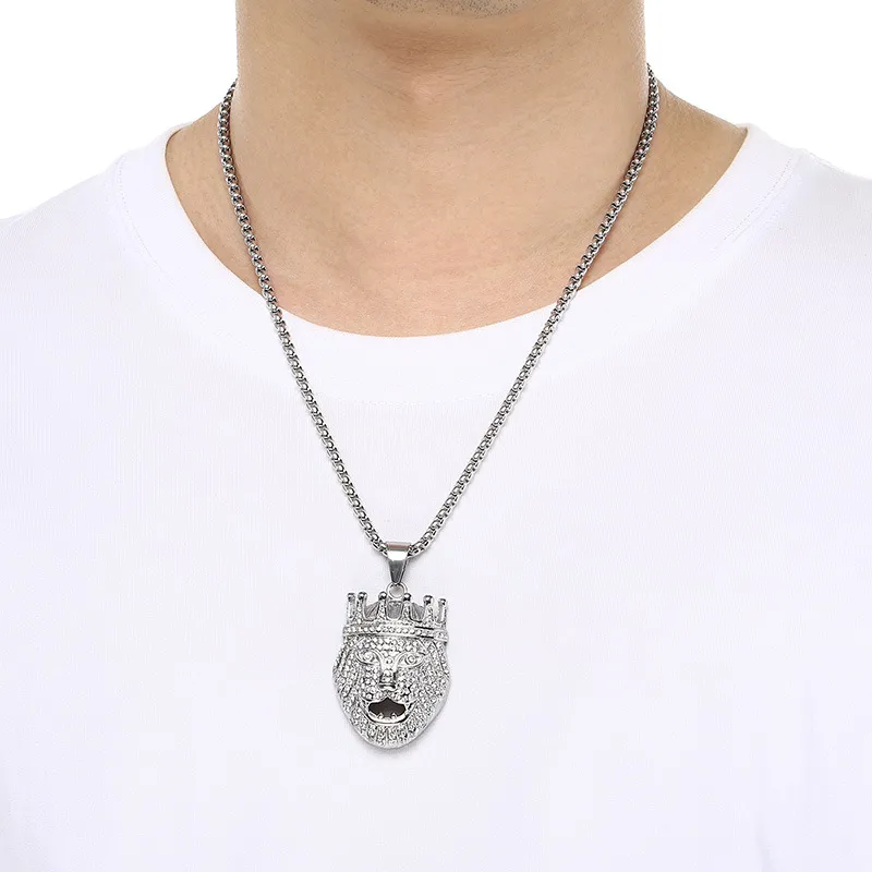 Hip-Hop Full Rhinestones Diamond Crown Lion Head Stainless Steel Men's Pendant