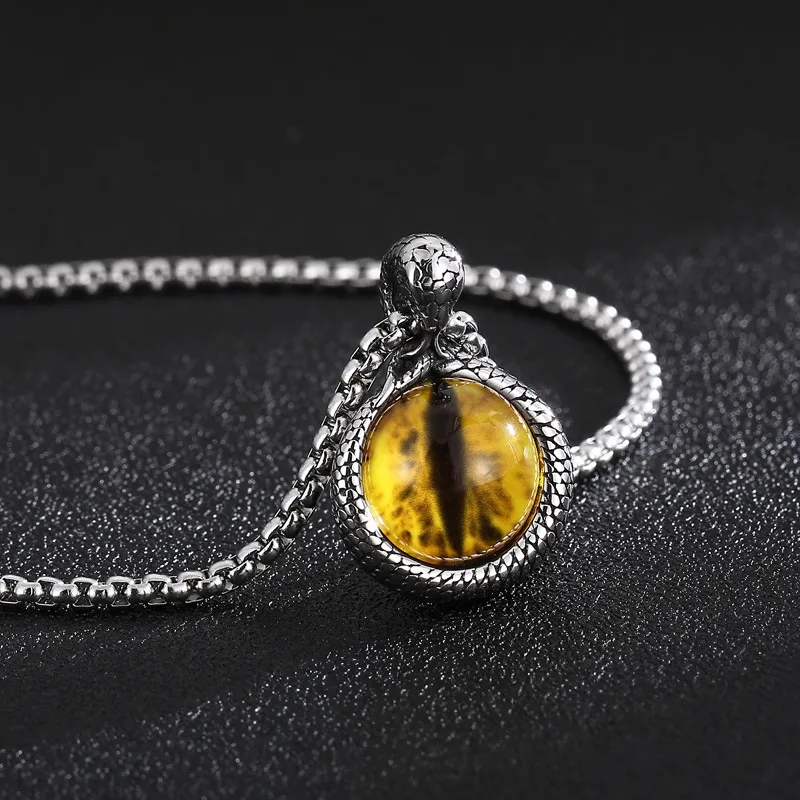 Trendy Cute Blue Yellow Snake Eye Stone Stainless Steel Men's Necklace Pendant