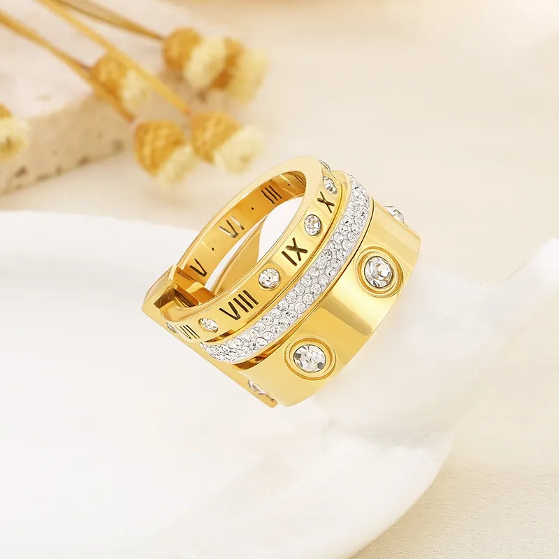 Elegant and Fashionable Stainless Steel Rhinestone Roman Numeral Jewelry Women's Ring