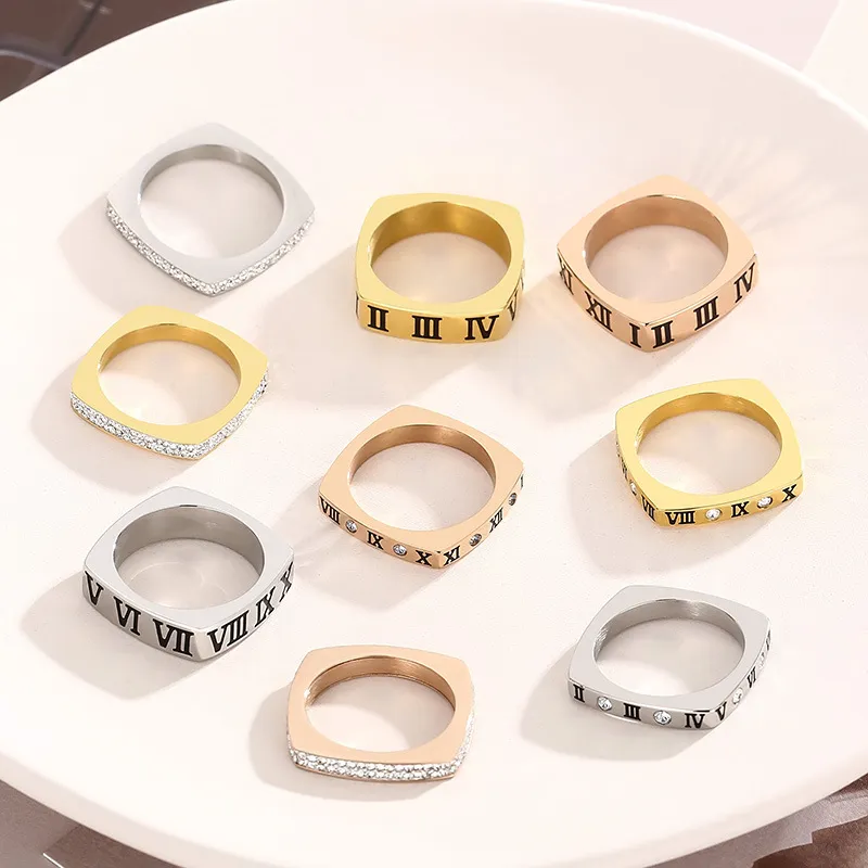Personality Multi-Ring Square Ring Fashion Diamond-Embedded Roman Numeral Stainless Steel Ring Wholesale