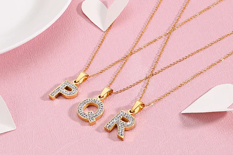 Women's Stainless Steel Full-Diamond 26 English Letters DIY Pendant Diamond-Embedded Collarbone Necklace
