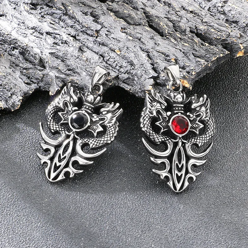 Aggressive Old Born Xiao Long Necklace China-Chic Antique Double Dragons Playing with Beads and Diamond Sword Stainless Steel Men's Pendant
