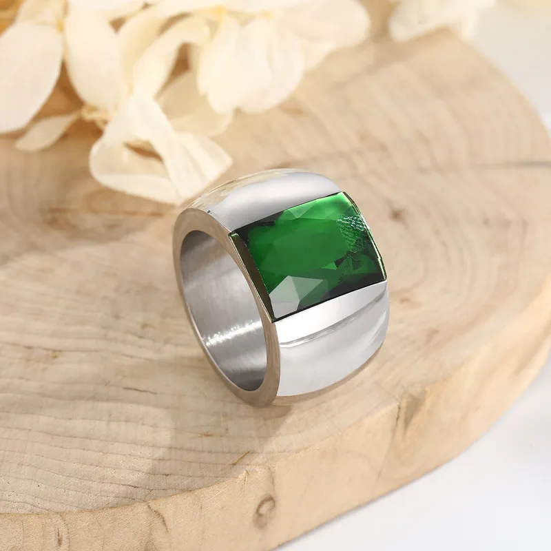 Fashionable Trendy Ladies Stainless Steel Multi-Color Personalized Glass Wide Ring Jewelry