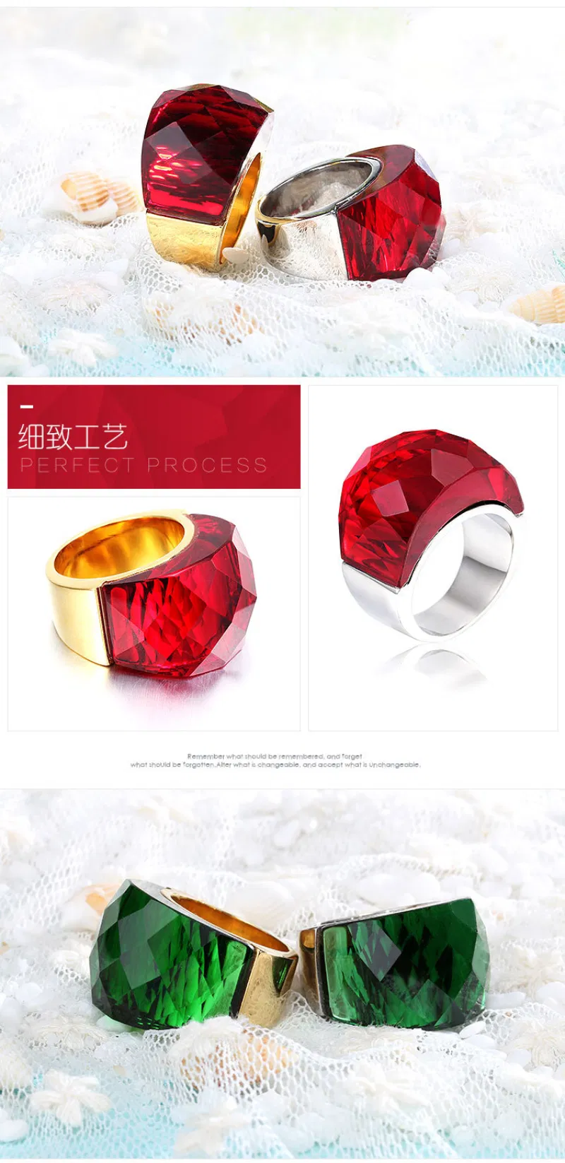 Fashion Colorful Crystal Finger Ring Durable Stainless Steel Vacuum Plated Glass Rings