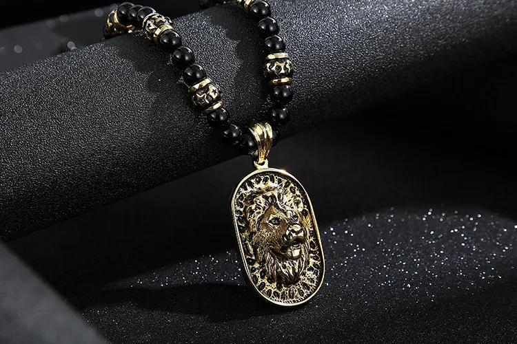 Stainless Steel Lion Head Pendant, Ethnic Style Buddhist Bead Bead Bead, Men's and Women's Long Necklace, Sweater Chain