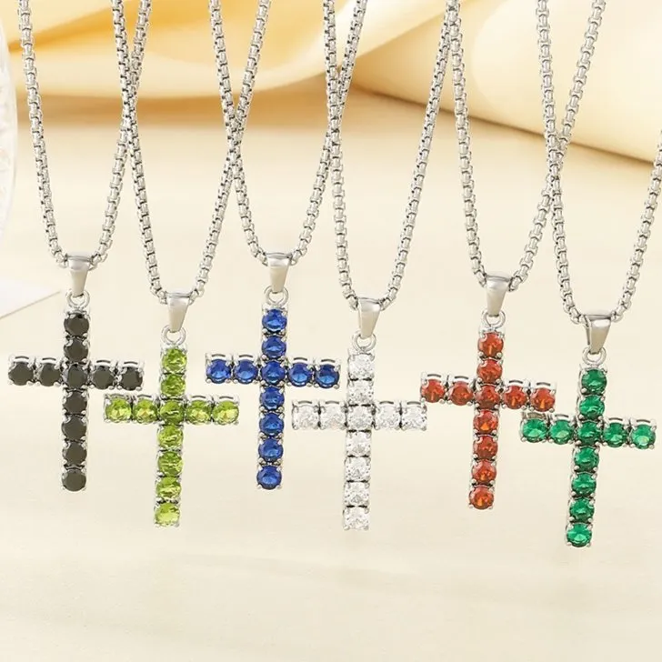 Multi-Colored Diamond-Encrusted Cross Pendant Stainless Steel Tennis Chain Jewelry