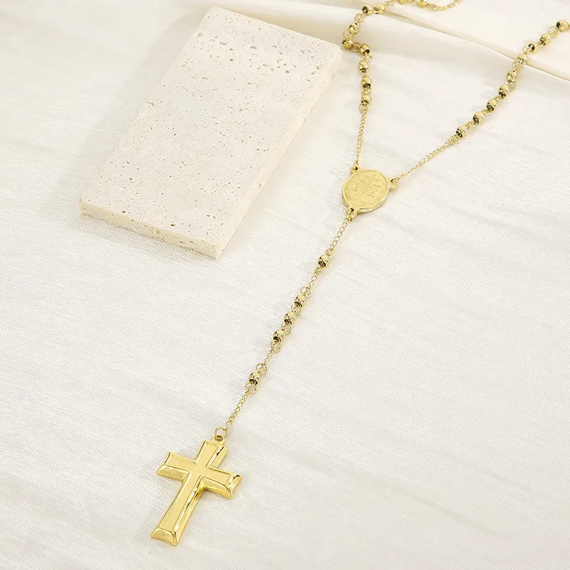 Stainless Steel Niche Design Cross Retro Beaded Necklace Clavicle Chain for Women