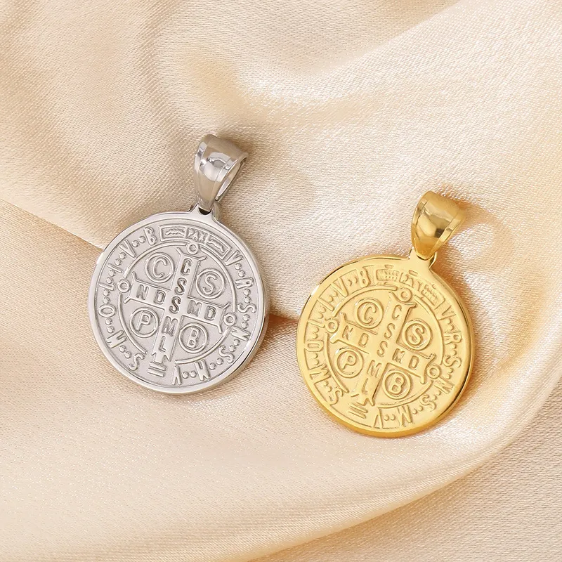 Komi Saint Benedict Christian Stainless Steel Disc Necklace Priest Exorcist Pendant