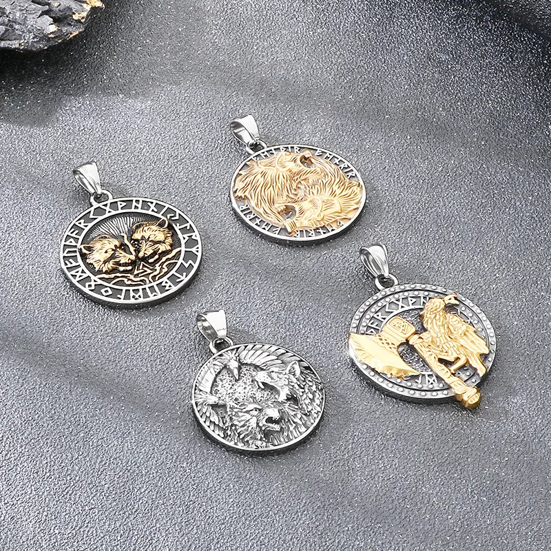 Nordic Viking Mythical Battle Axe Crow Totem Accessory Retro Mighty Double Wolf and Crow Stainless Steel Men's Pendant