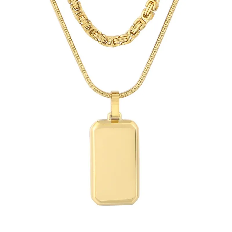 Trendy and Cool Emperor Chain Square Brand Necklace for Men, Double Layered Stainless Steel Military Brand Pendant Supporting Engraving