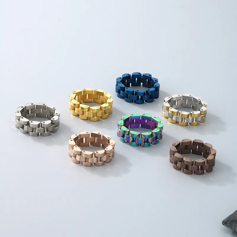 Rainbow Stainless Steel Ring 18K Gold PVD Plated Men Wide Chain Ring