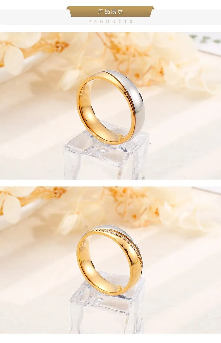 Cross-Border Hot-Selling Two-Tone Gold Stainless Steel Couple Rings with Diamonds