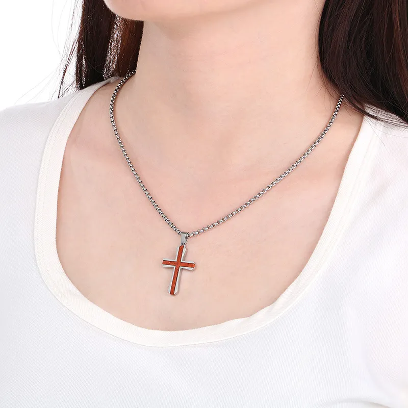 Fashion Personalized Stainless Steel Inlaid Red Pear Solid Wood Cross Pendant