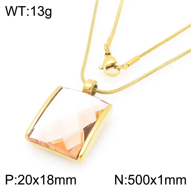 Personalized Square Multi-Color Glass Pendant Necklace Snake Bone Chain 18K Gold-Plated Stainless Steel Necklace Wholesale