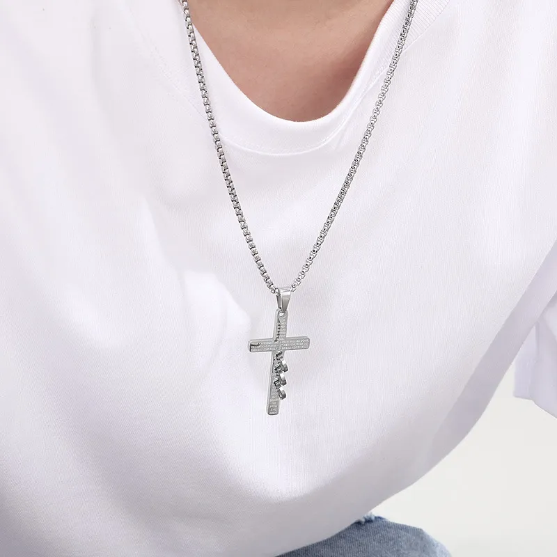 Stainless Steel Jewelry Cross Scripture Pendant Necklace for Both Men and Women