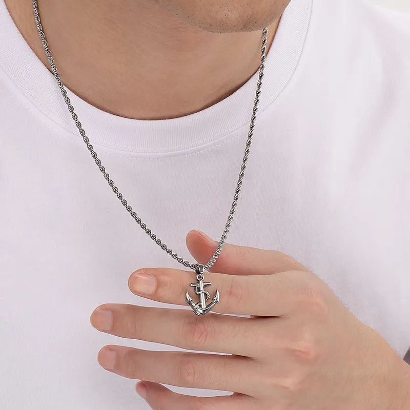 Stainless Steel Boat Anchor Pendant Necklace, Trendy Men's Personalized Retro Cross Jewelry