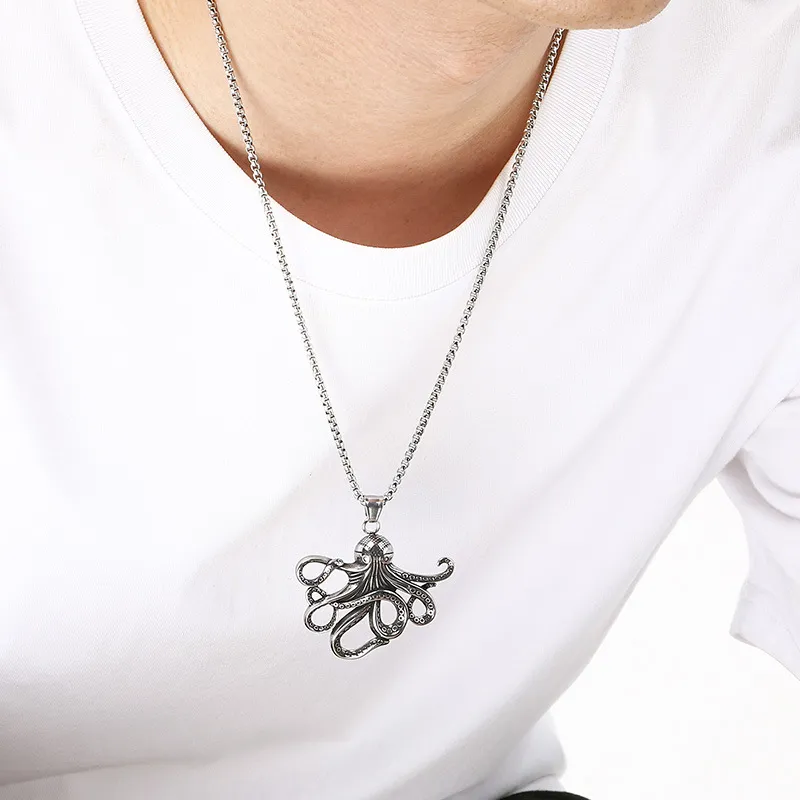 Popular Marine Creature Octopus Pendant with Punk Style, Aged, Blackened, Hollowed out Fishbone Stainless Steel Men's Pendant