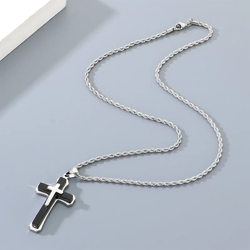 Men's Trendy Stainless Steel Three-Layer Three-Dimensional Cross Pendant Accessory Jewelry Wholesale