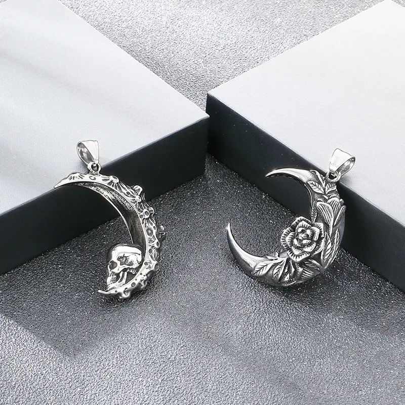 Gothic Style Dark Crescent Rose Pendant Punk Retro Personality Skull Moon Stainless Steel Men's Pendant