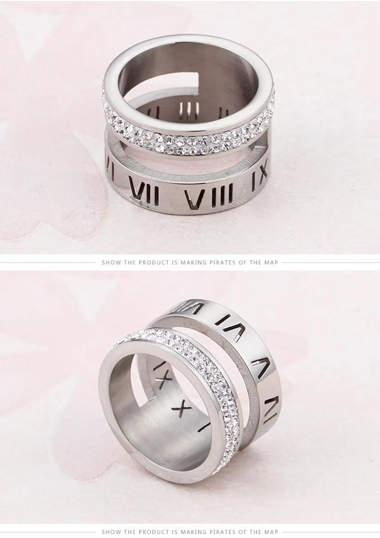 Personality Roman Numeral Diamond-Embedded Stainless Steel Ring Men Women Wholesale
