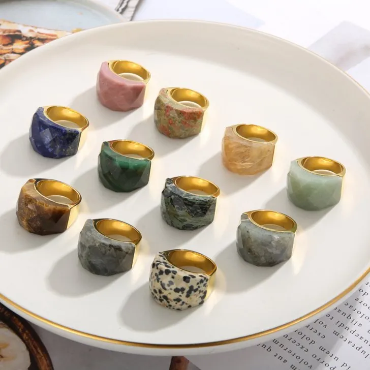 18K Gold Plated Women's Colorful Natural Stone Statement Ring