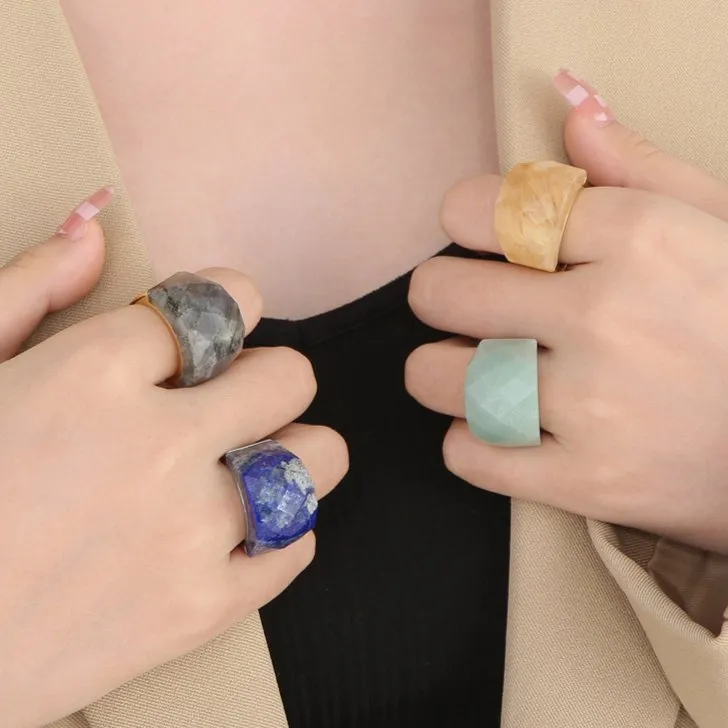 18K Gold Plated Women's Colorful Natural Stone Statement Ring