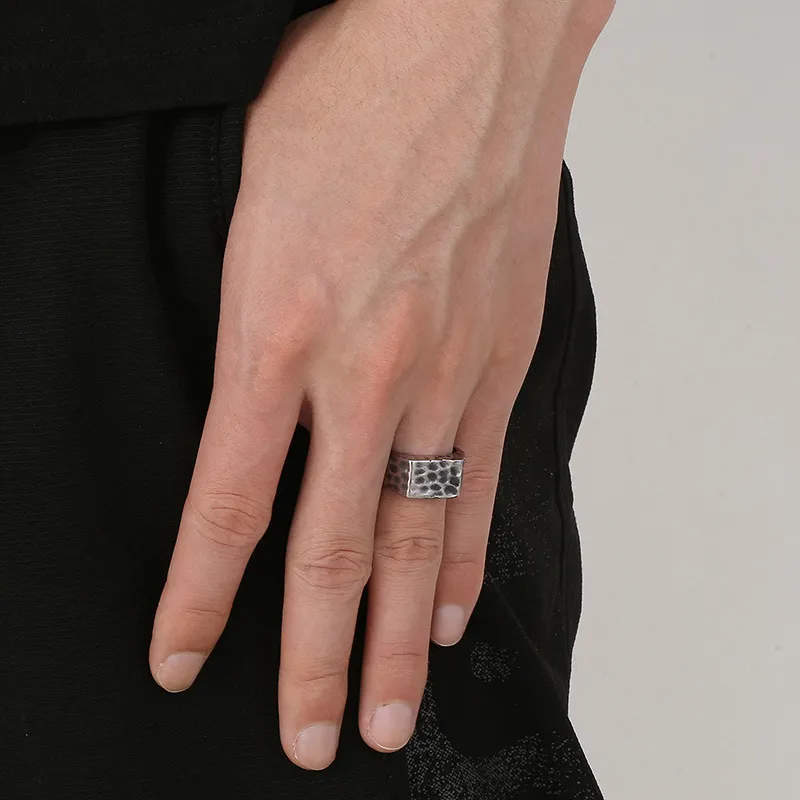 Creative Fashion Polished Niche Retro Tapped Surface Stainless Steel Men's Ring