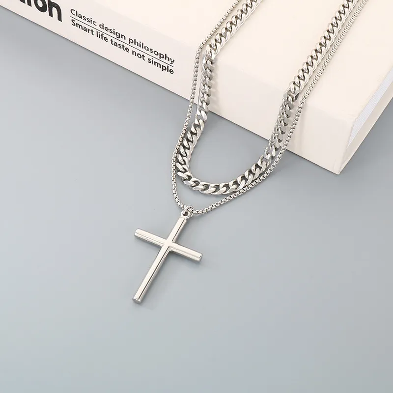 Simple Smooth Cross Pendant Necklace, European and American Six Sided Ground Square Pearl Chain, Double Layered Men's Necklace